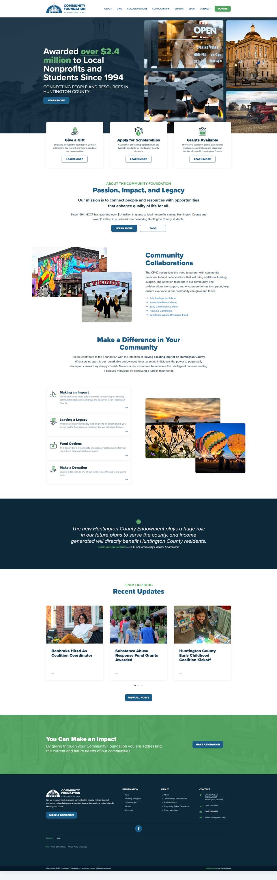 Community Foundation of Huntington County website with donation and impact sections.