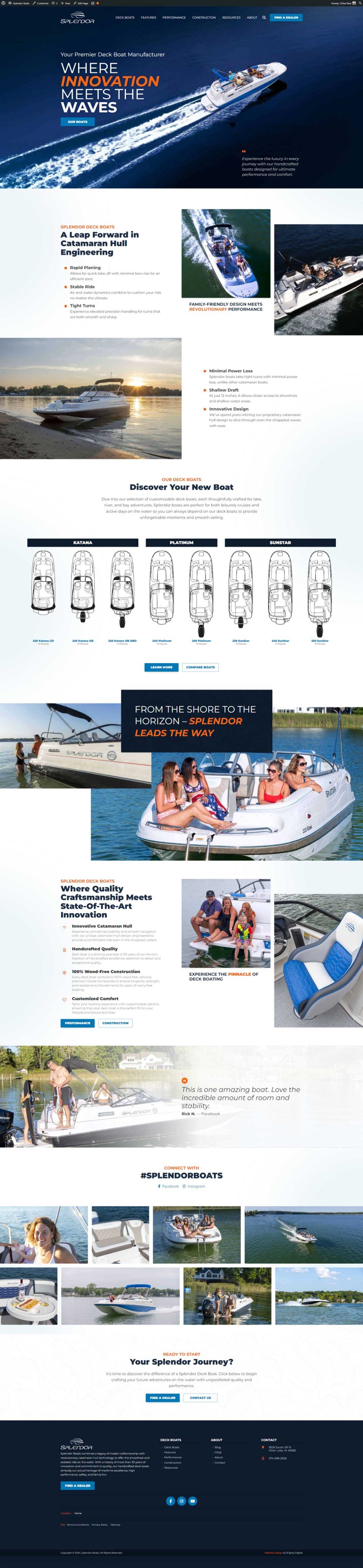 Splendor Boats website showcasing models and vivid recreational images.