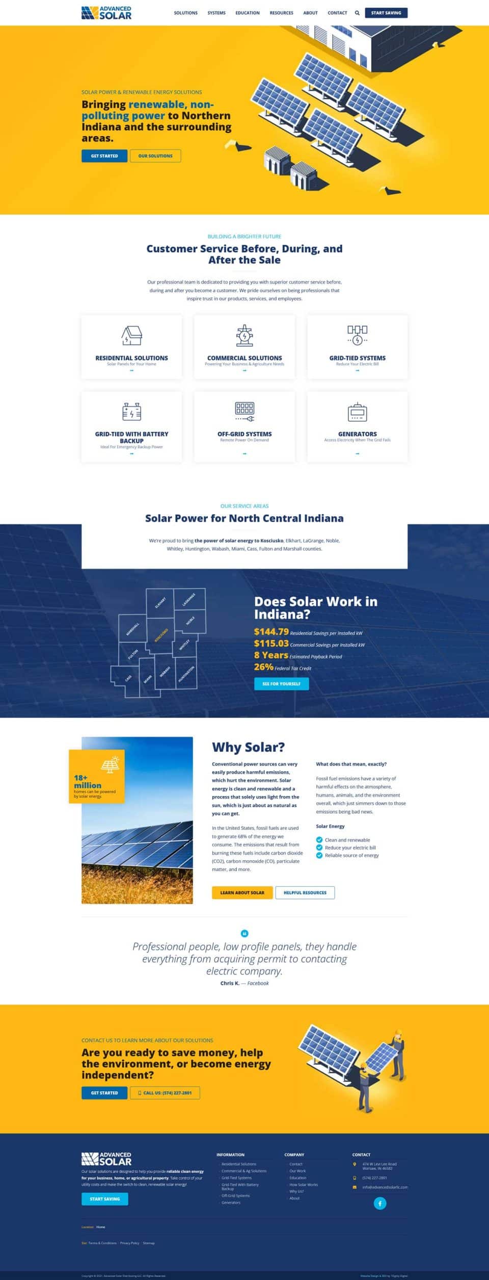 Advanced Solar website detailing services, benefits, and contact info.