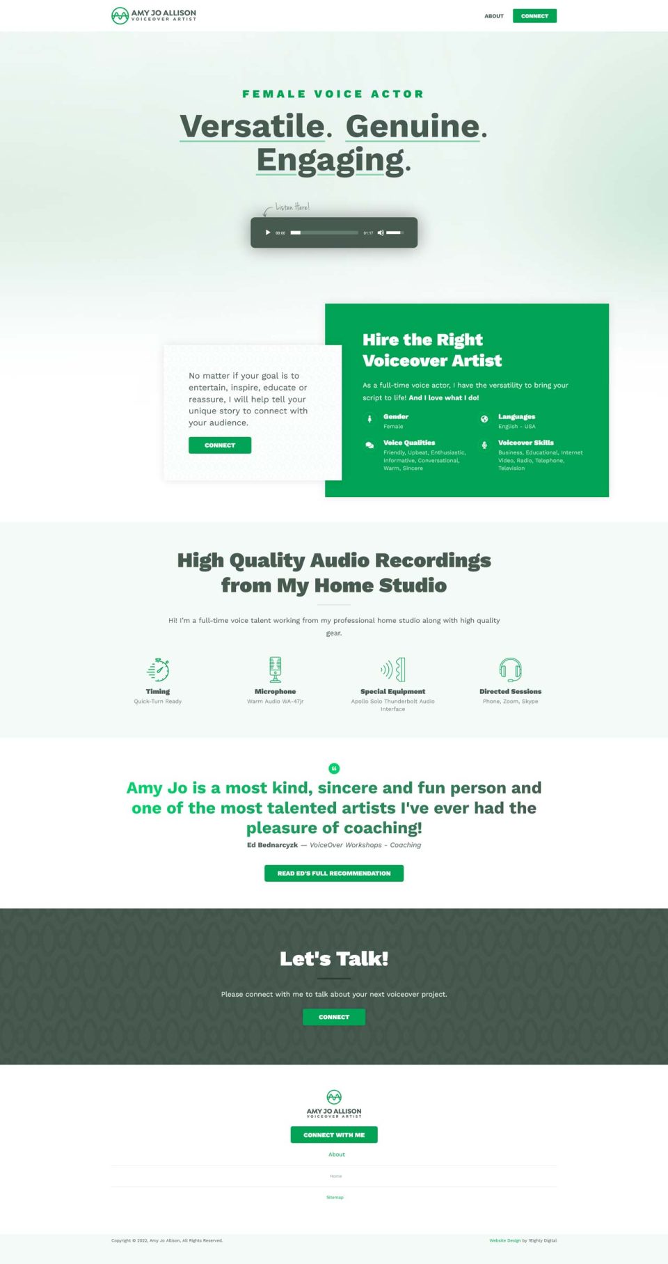 Website offering voice actor services with contact and testimonial sections.