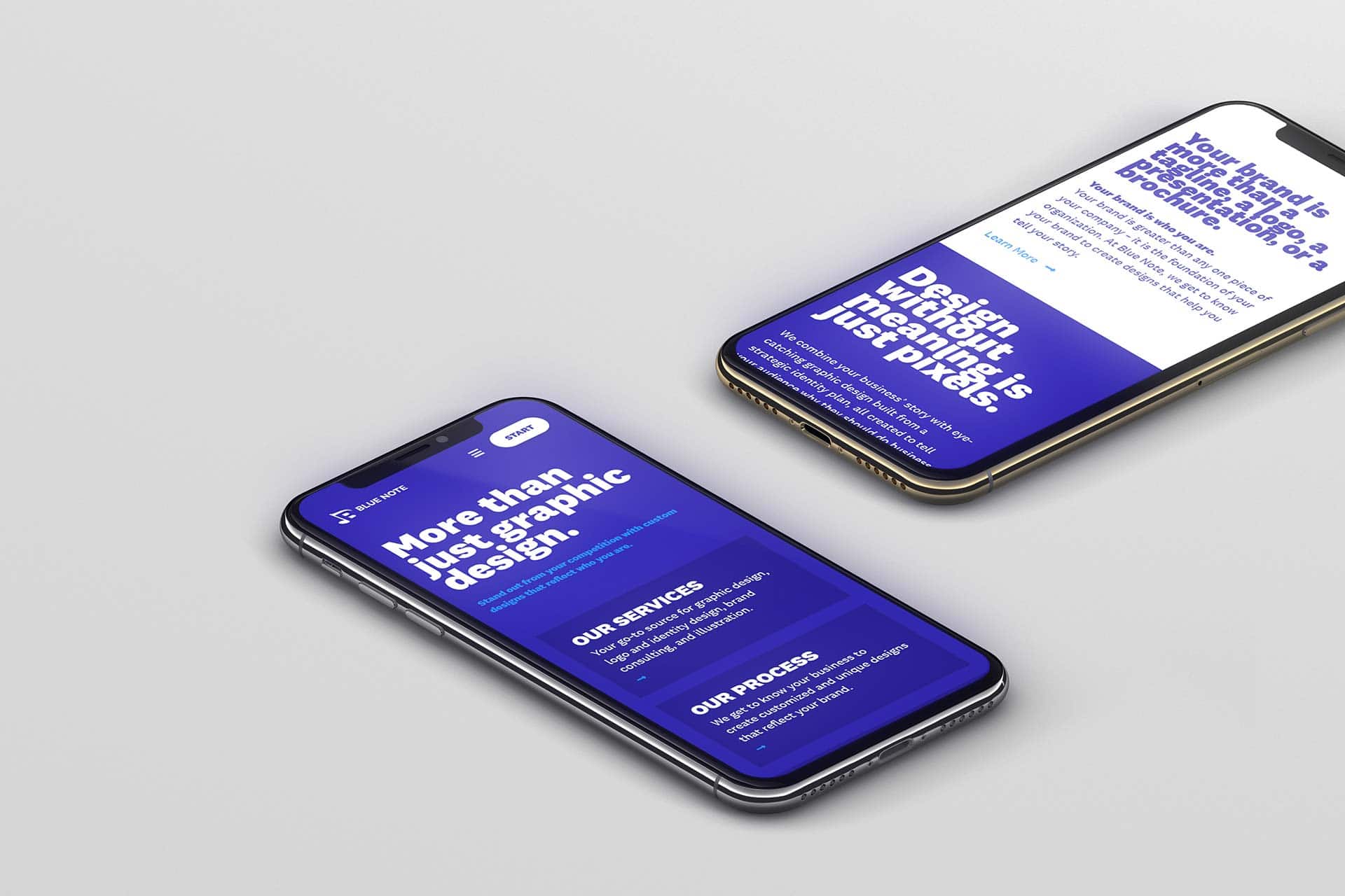 Two smartphones displaying blue and white design-related text.