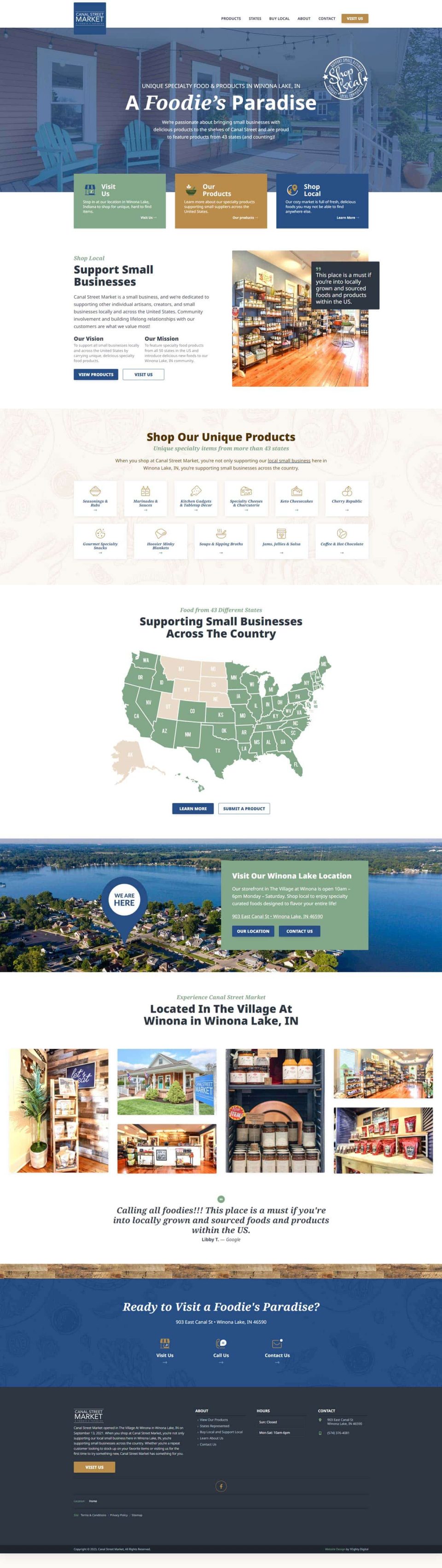 Website screenshot with text, images of shelves, and a map of the United States.
