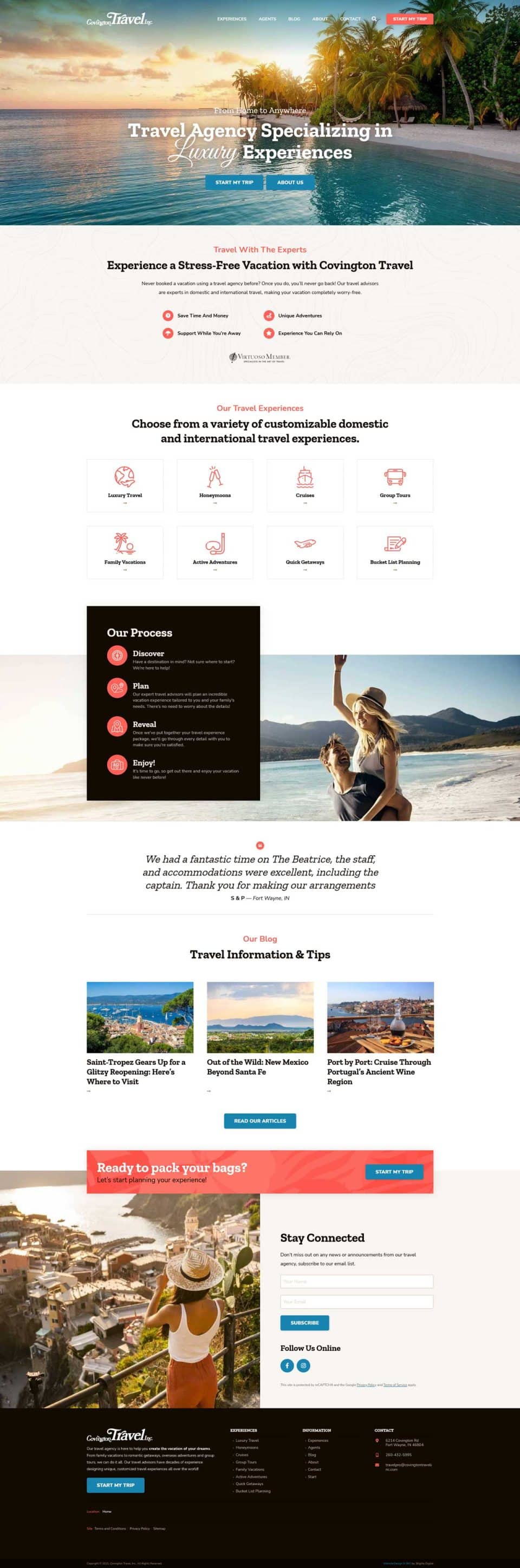 Covington Travels site showcases tours and travel packages.