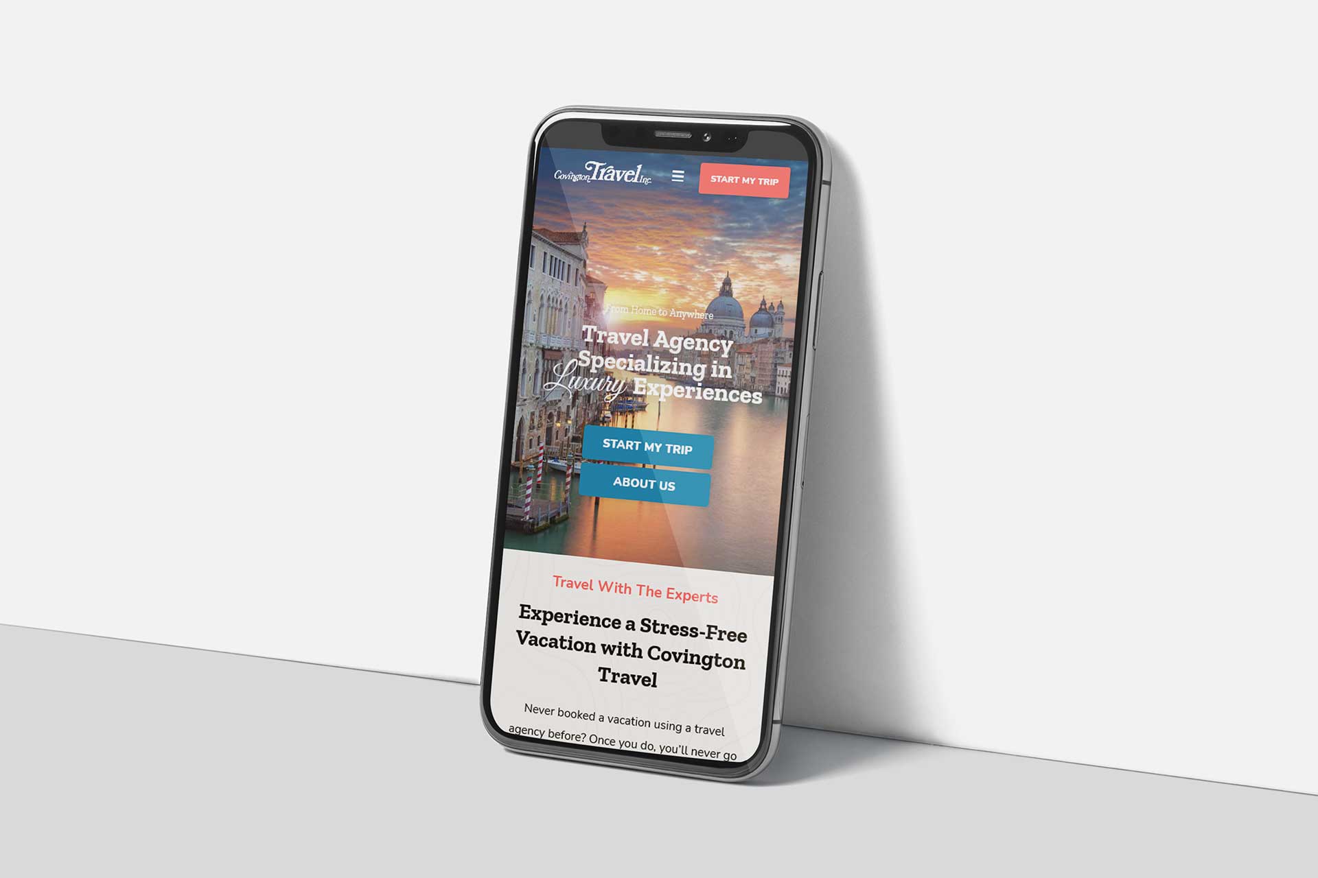 Phone displaying Covington Travels website with start and about options.