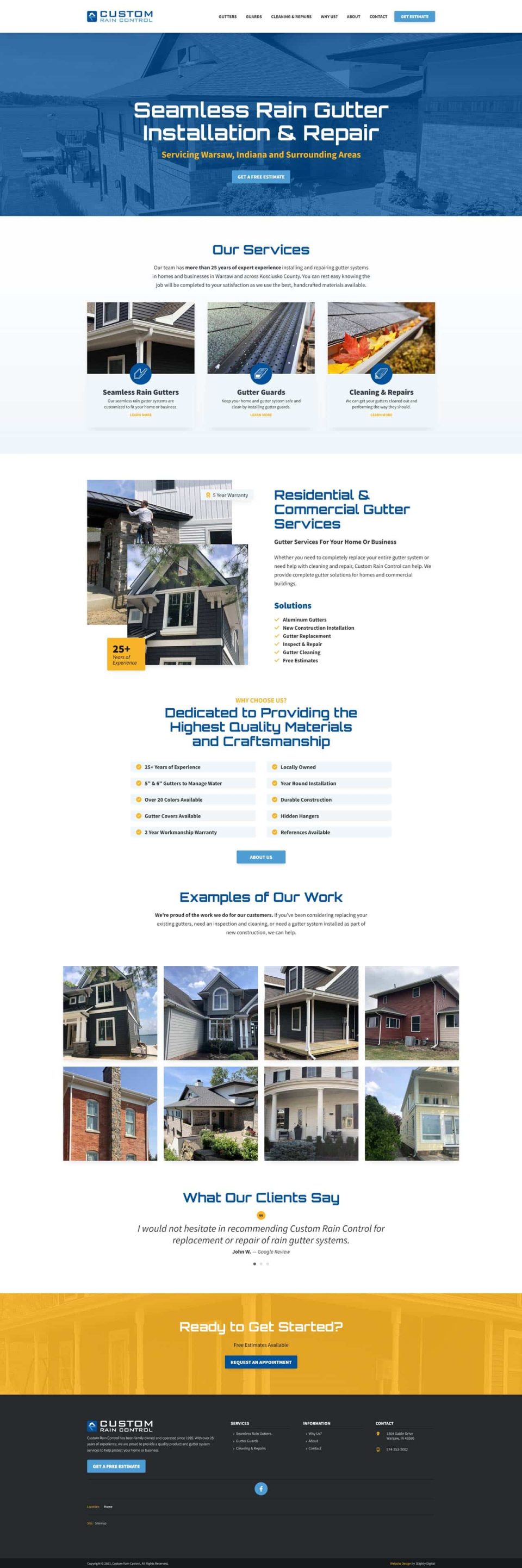 A professional website for seamless rain gutter installation and repair.