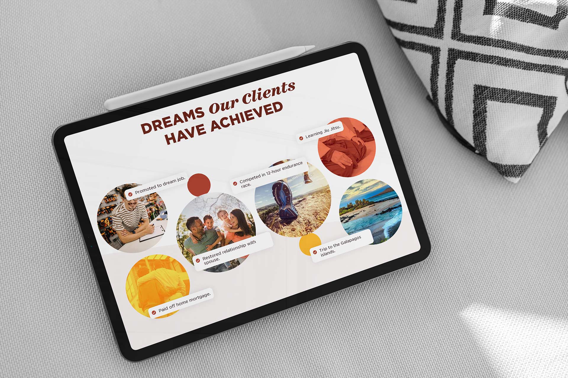 Tablet on fabric surface displaying client Dream Again achievement goals.