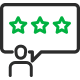 Person with a speech bubble showing three green stars for online reviews.
