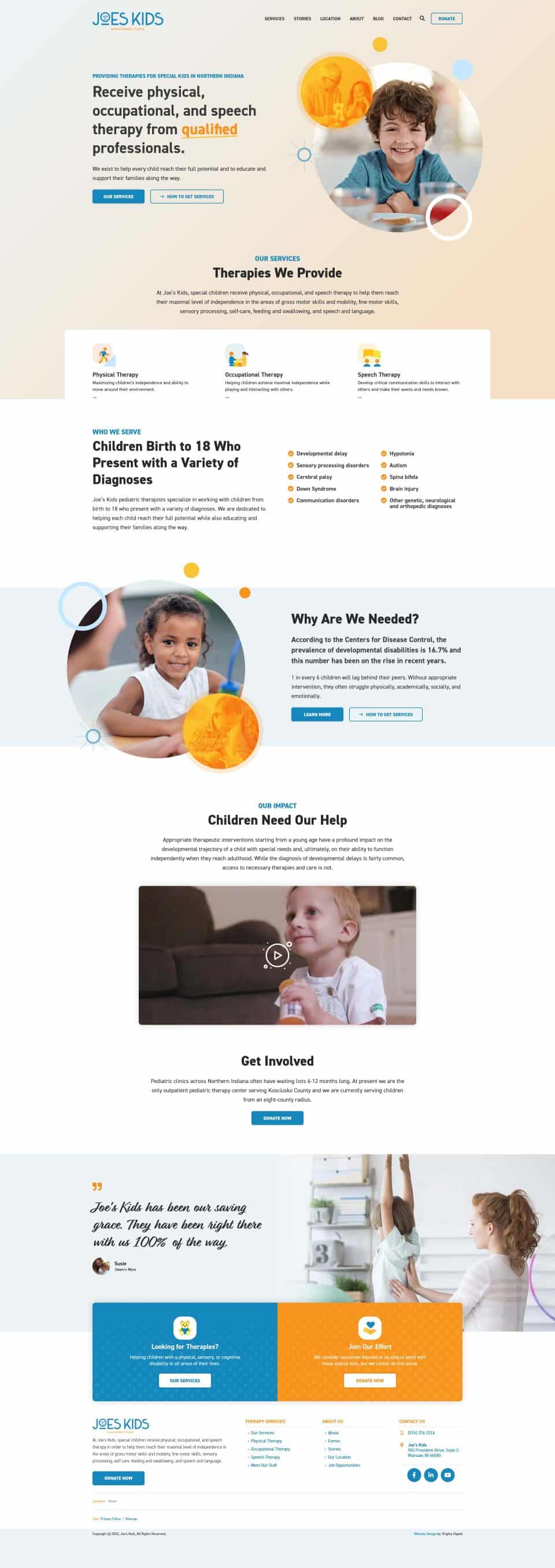 Non-profit therapy services webpage for children with various diagnoses.