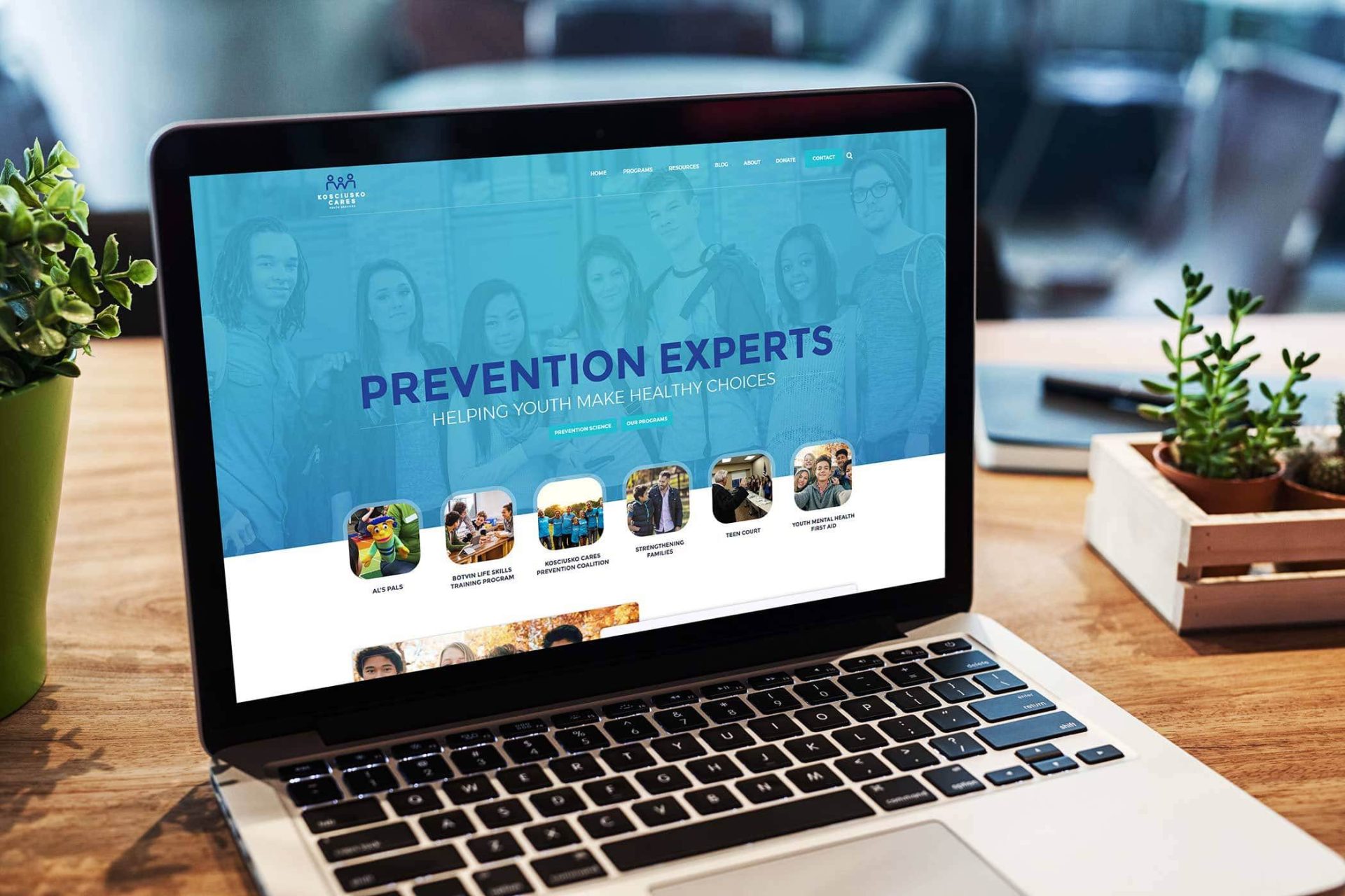 Laptop displaying a website focused on youth health and prevention.