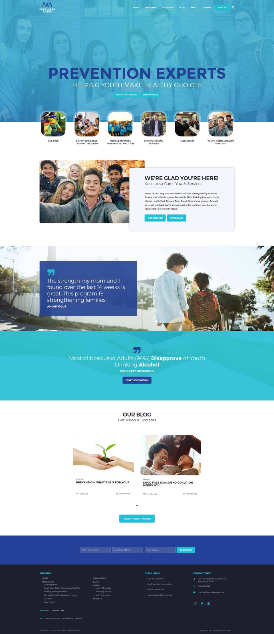 Website homepage featuring prevention program information and testimonials.