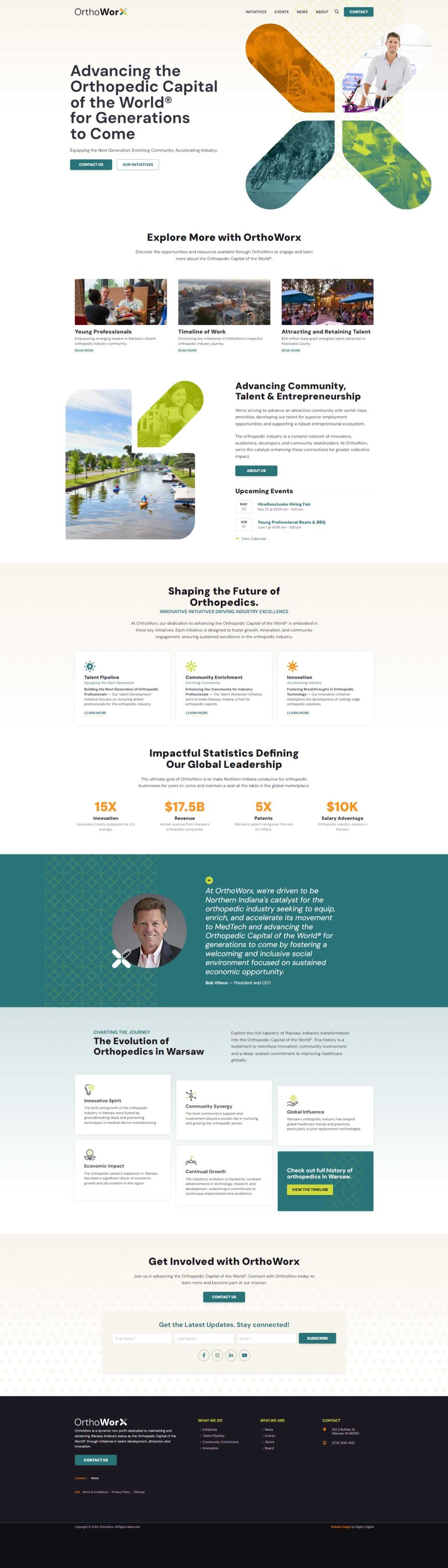 OrthoWorx site: team photo, text sections, call-to-action buttons.