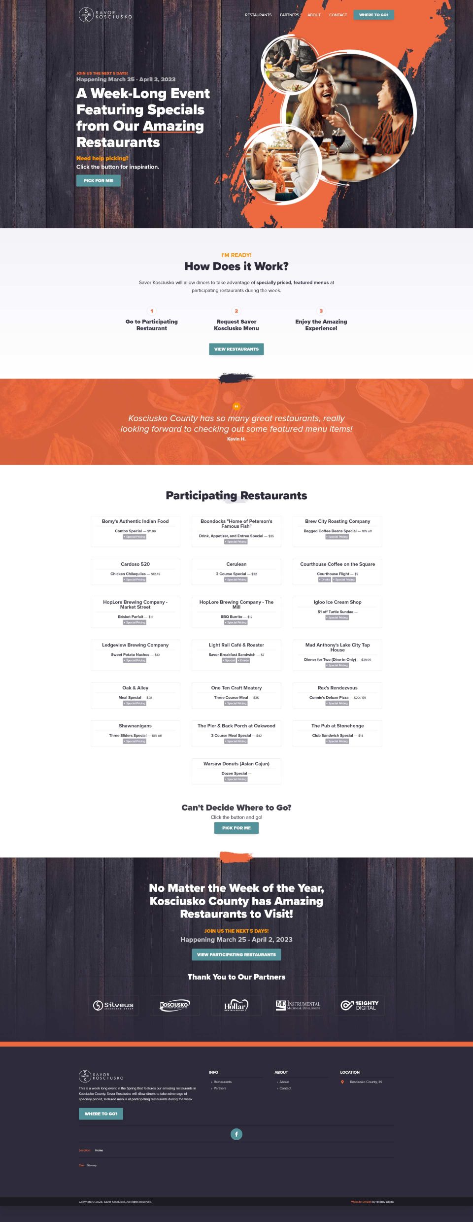 Event webpage with restaurant details and participation information.