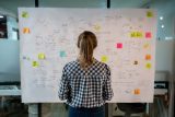 Person viewing a whiteboard with drawings, colorful sticky notes for business success.