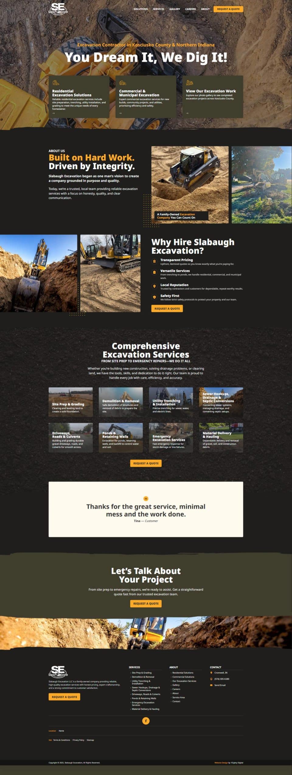 Website homepage for an excavation company with images of equipment and services.