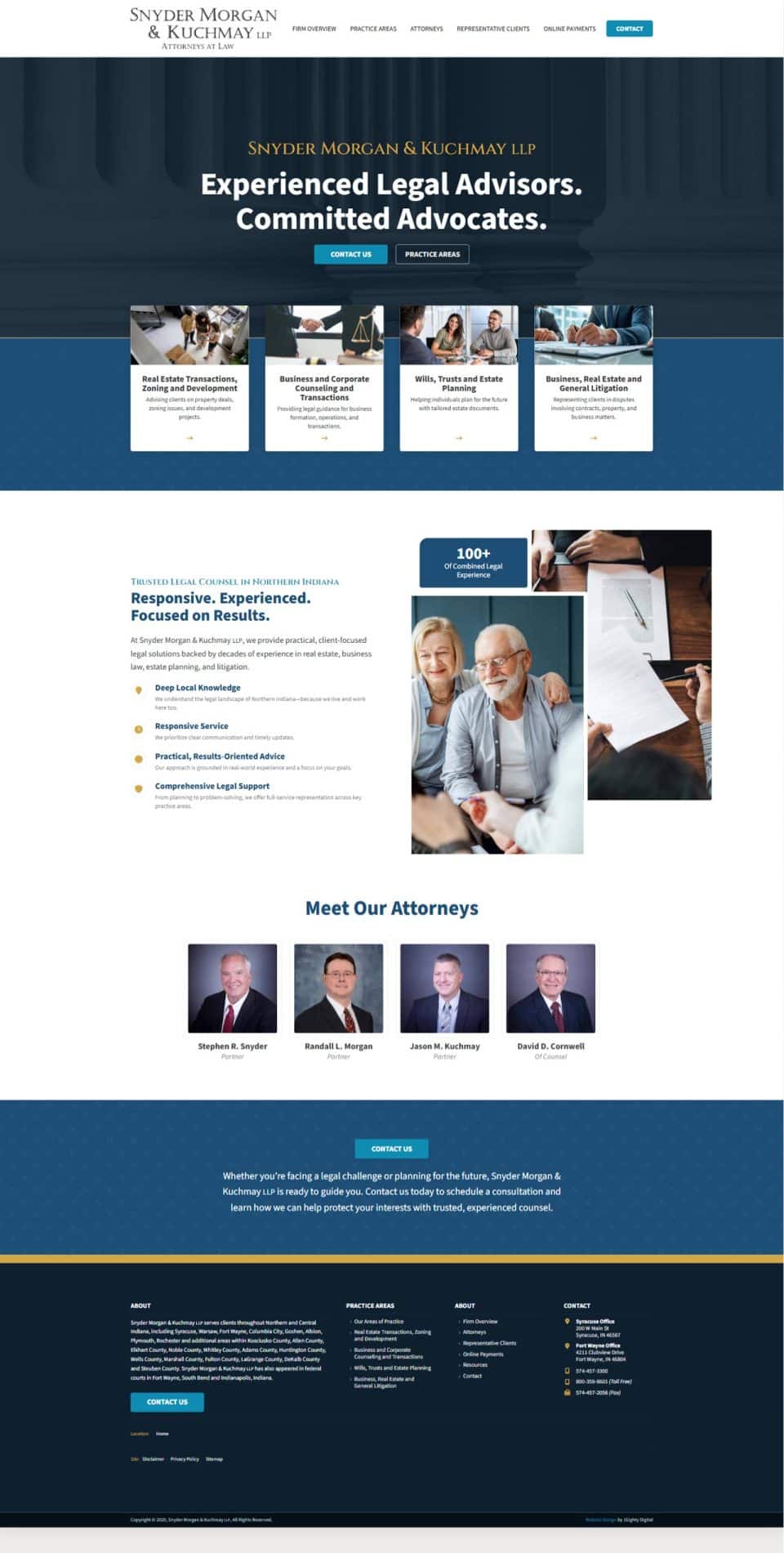 Screenshot of a law firm’s homepage featuring attorneys and legal service details.