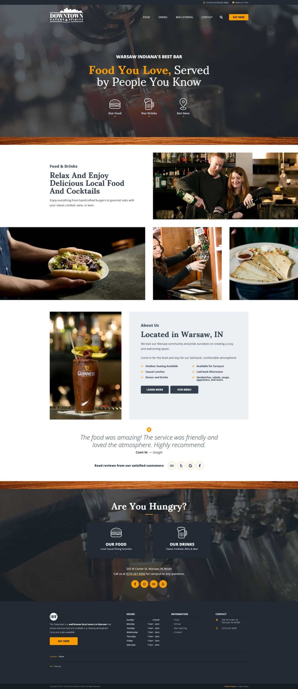 Restaurant website showing menu, contact info, and images of food and drinks.