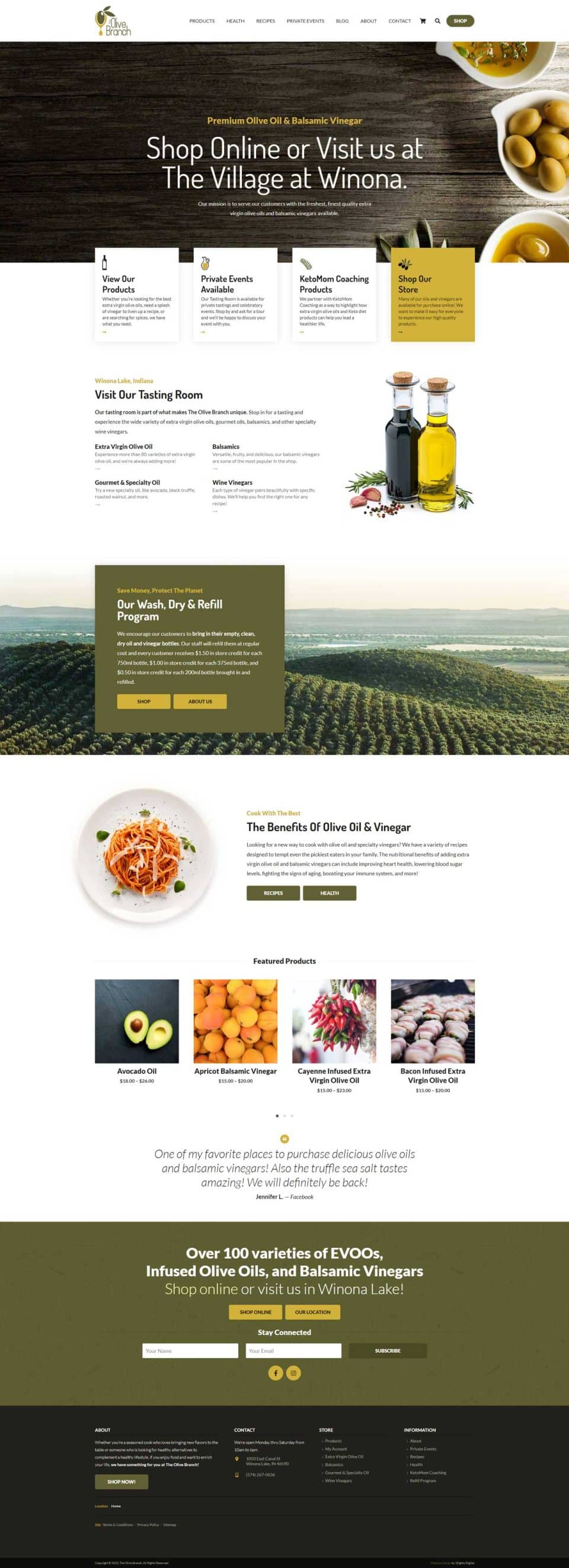 Olive oil and balsamic vinegar website with product and event details.