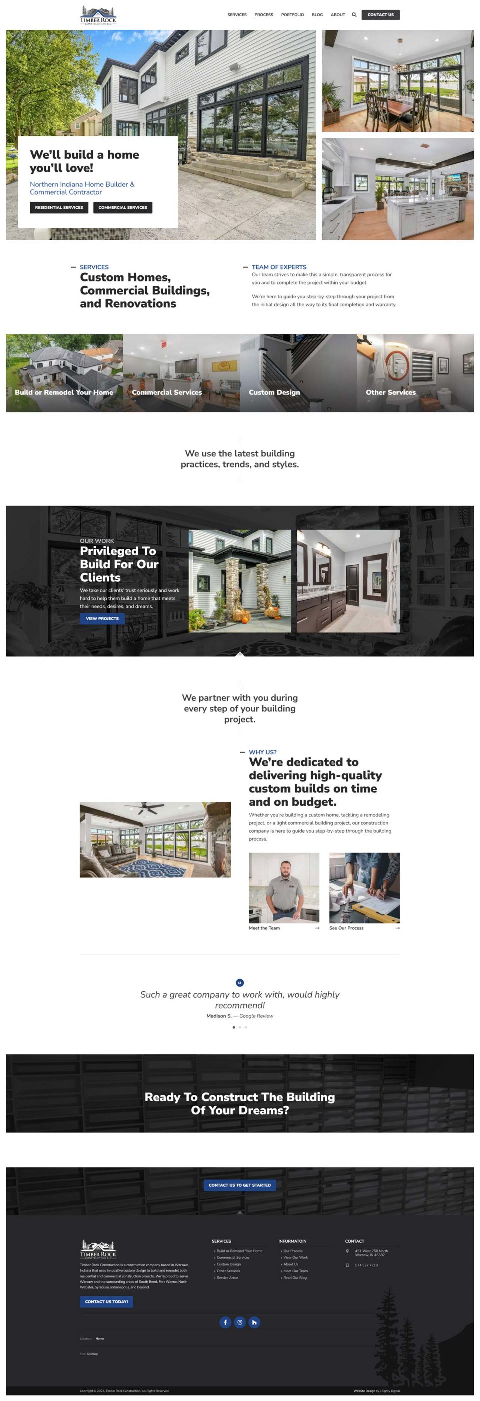 Website of a custom home builder showcasing Timber Rock Construction images.