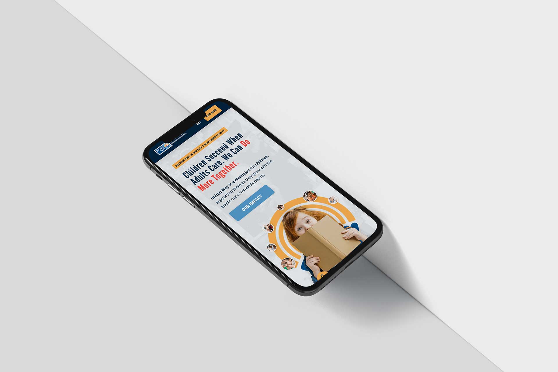 Smartphone showing United Way of Whitley & Kosciusko Counties kids website.