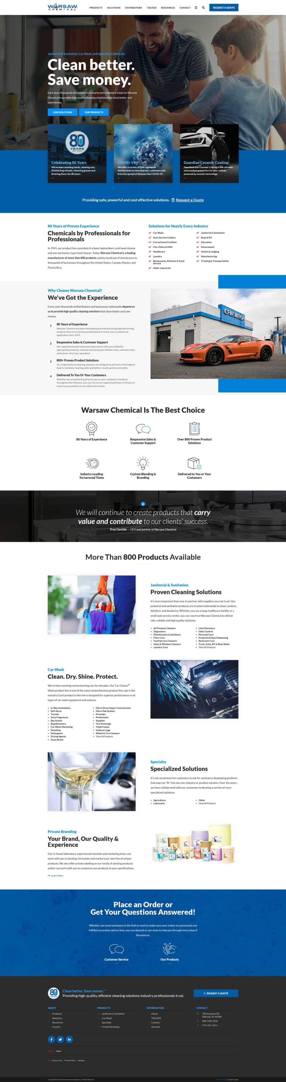 Website layout featuring Warsaw Chemical cleaning products.