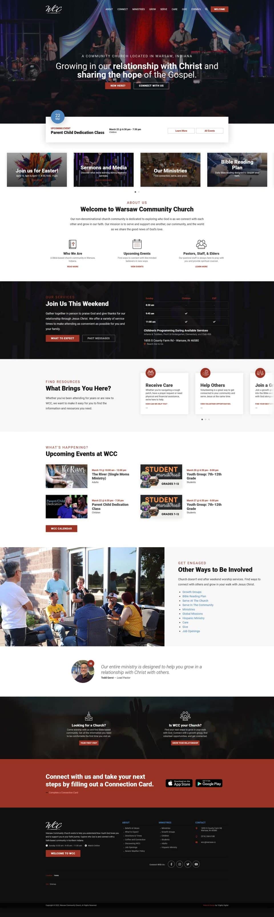 Church website homepage with images, text, and event information.