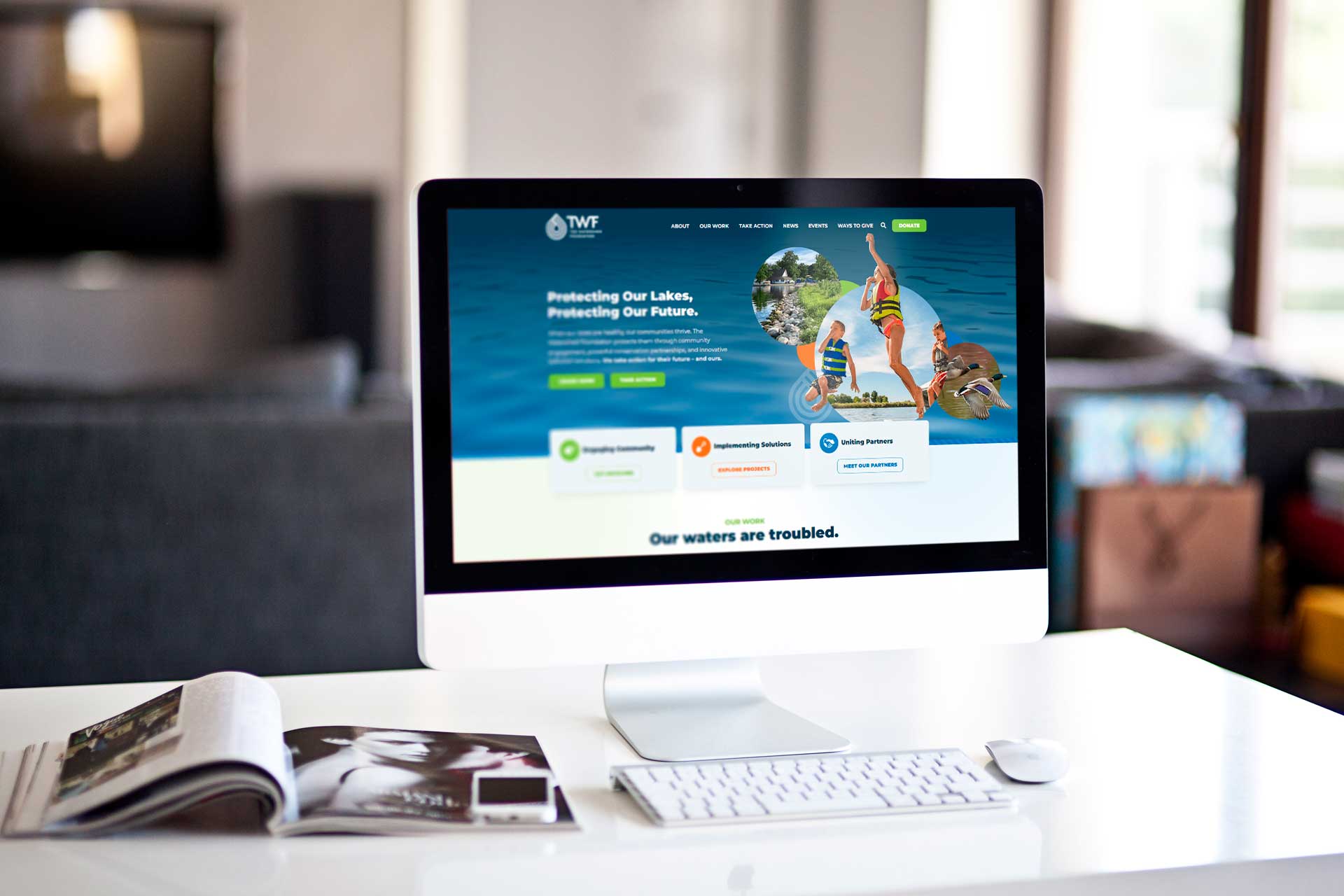 Desktop displaying The Watershed Foundations site on water protection.