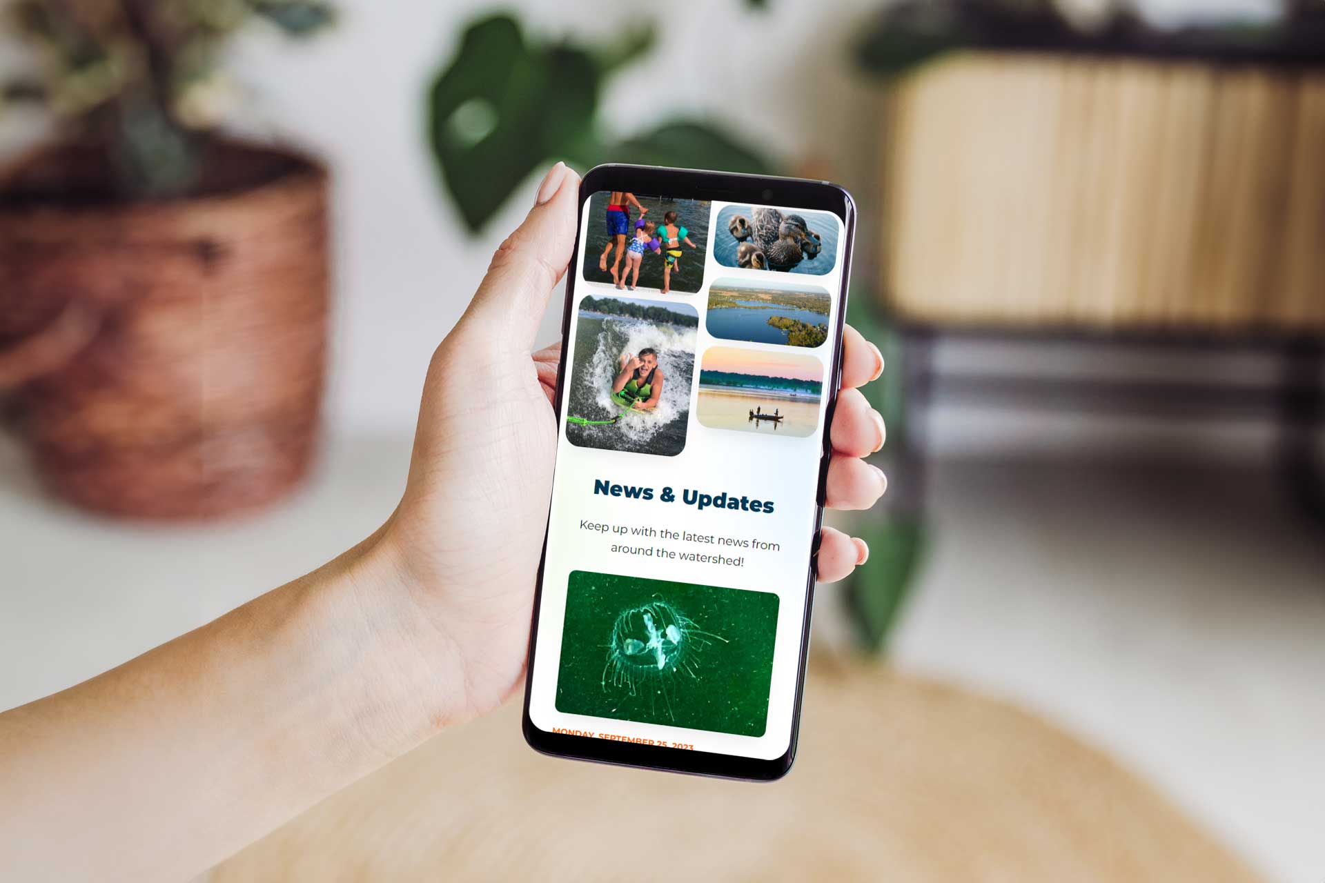 Hand holding a smartphone with The Watershed Foundations news app.